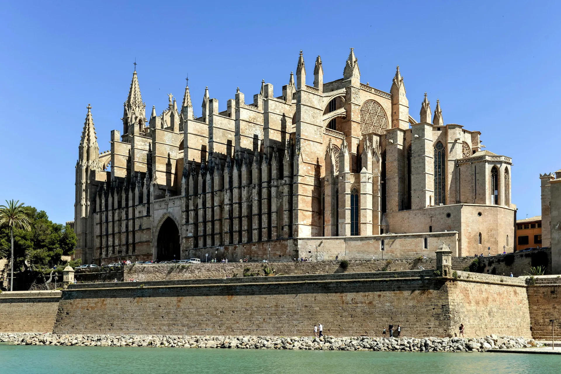 Majestic Gothic cathedral facade in Palma, Mallorca, Spain by the waterfront.